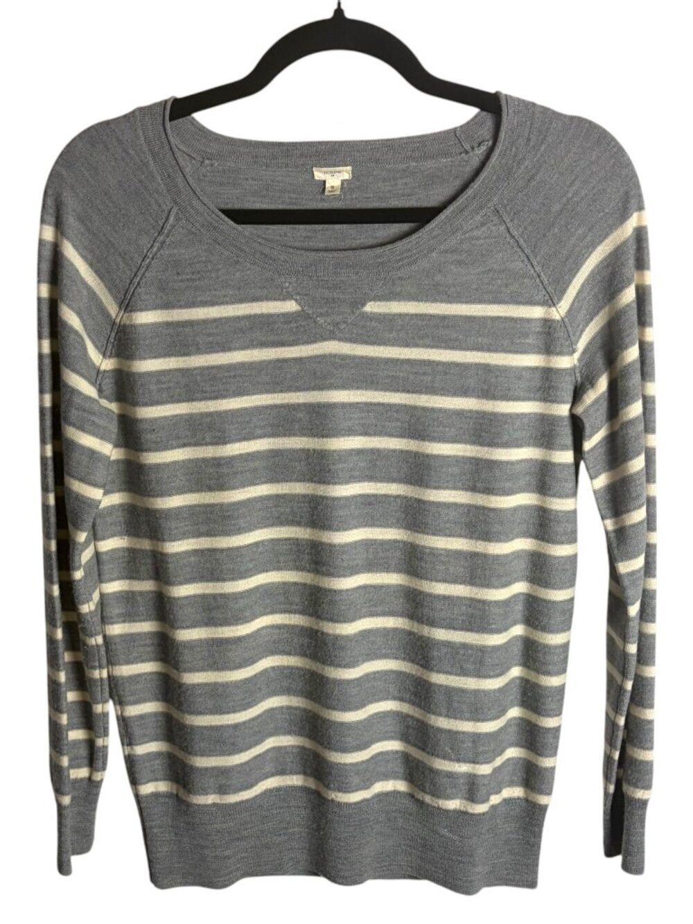 J Crew Size S Merino Wool Striped Sweater Grey White Crew Neck Soft Preppy Work